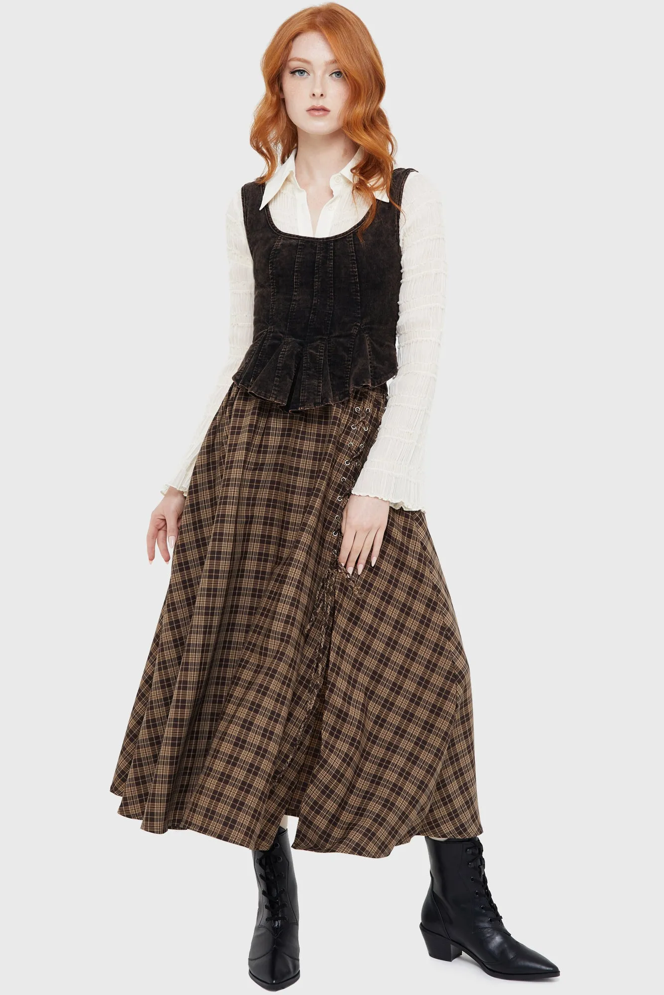 Haven Hollow Skirt [BROWN TARTAN] Ethically Sourced Yarn