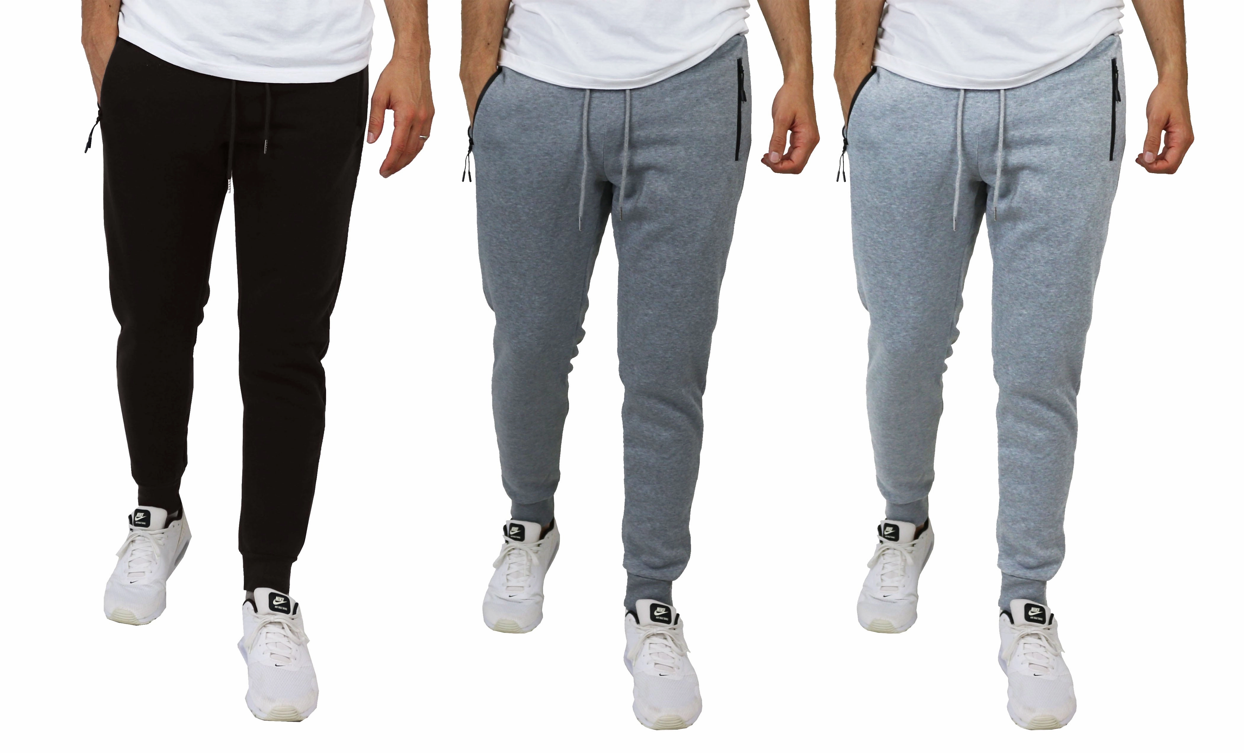 Recycled Polyester Blend 3-Pack Men's Slim Fit Fleece-Lined Jogger Sweatpants With Zipper Side Pockets (Sizes, S to 3XL)