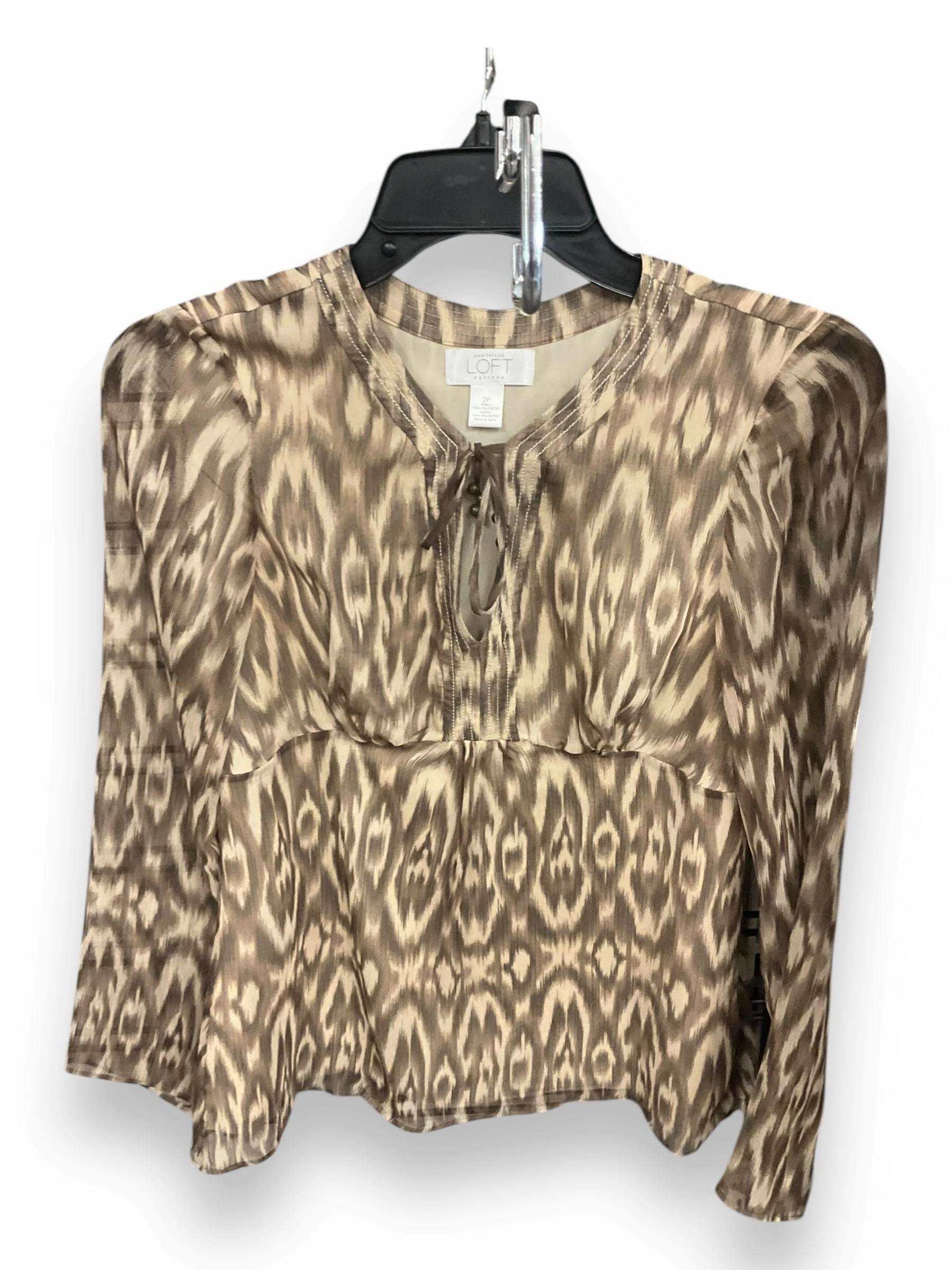 Top Long Sleeve By Loft In Brown & Cream, Size: S Adjustable drawstring AdjustableHemline