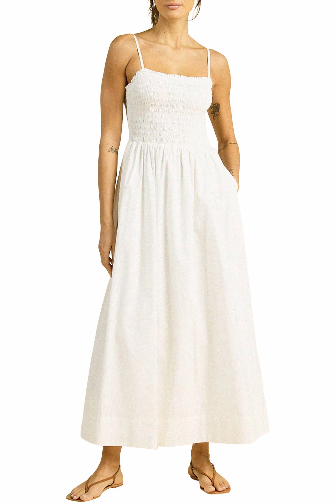 Trovata Birds of Paradis Carmen Dress in White Emerging-Brand Easy Layering Piece