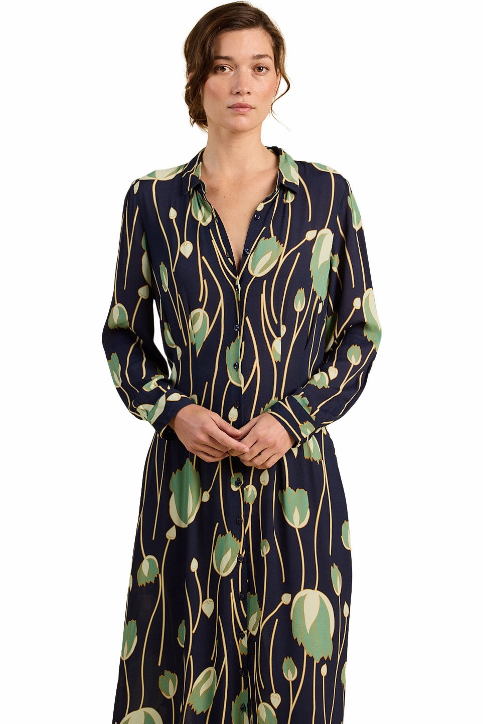 Trovata Birds of Paradis Harper Dress in Jade Tulip Chilly Day Comfort