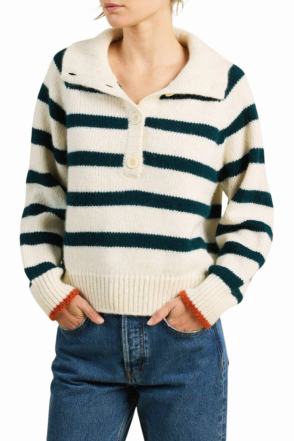 Chic and Warm Breathable Comfort Wear Trovata Birds of Paradis Juneau Sweater in Teal Stripe