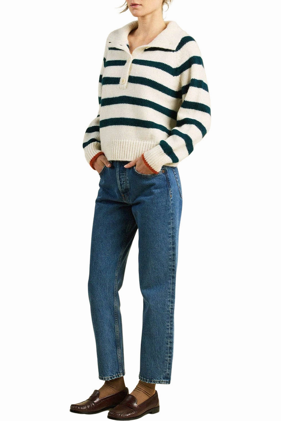 Trovata Birds of Paradis Juneau Sweater in Teal Stripe All-Weather Comfort Essential Knitwear