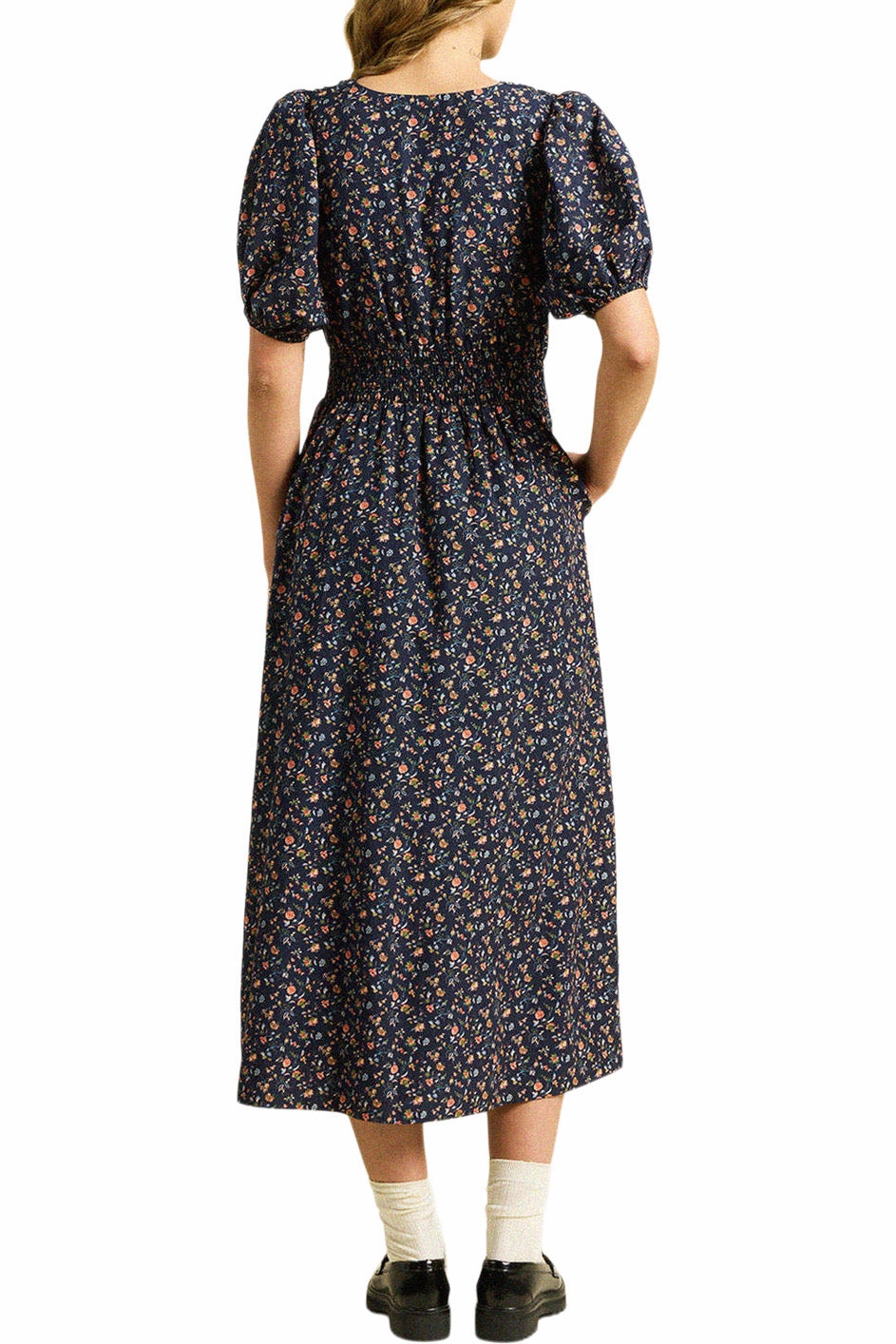 Front-Pocket Trovata Birds of Paradis Sonia Dress in Navy Rosette
