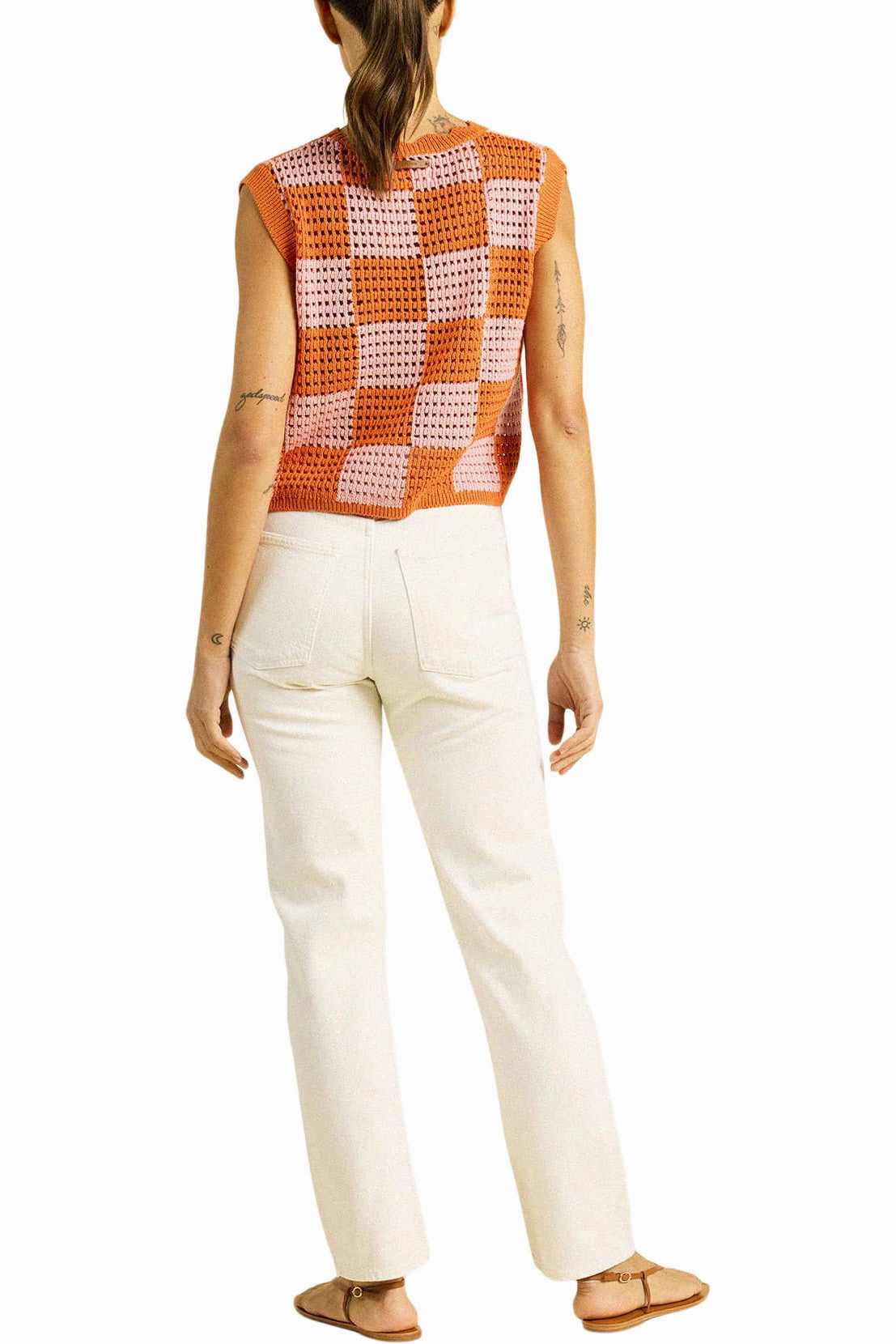 Trovata Birds of Paradise Bree Sweater Tank in Pink - Orange Check Ergonomic Sleeve Shape Casual Ease