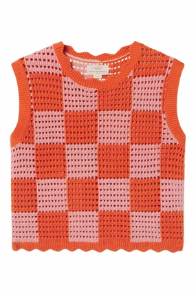 Trovata Birds of Paradise Bree Sweater Tank in Pink - Orange Check Low carbon footprint Functional Style