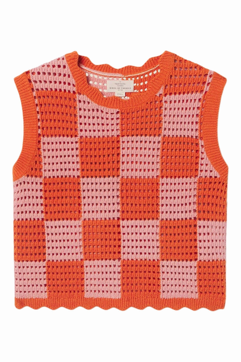 Trovata Birds of Paradise Bree Sweater Tank in Pink - Orange Check Low carbon footprint Functional Style