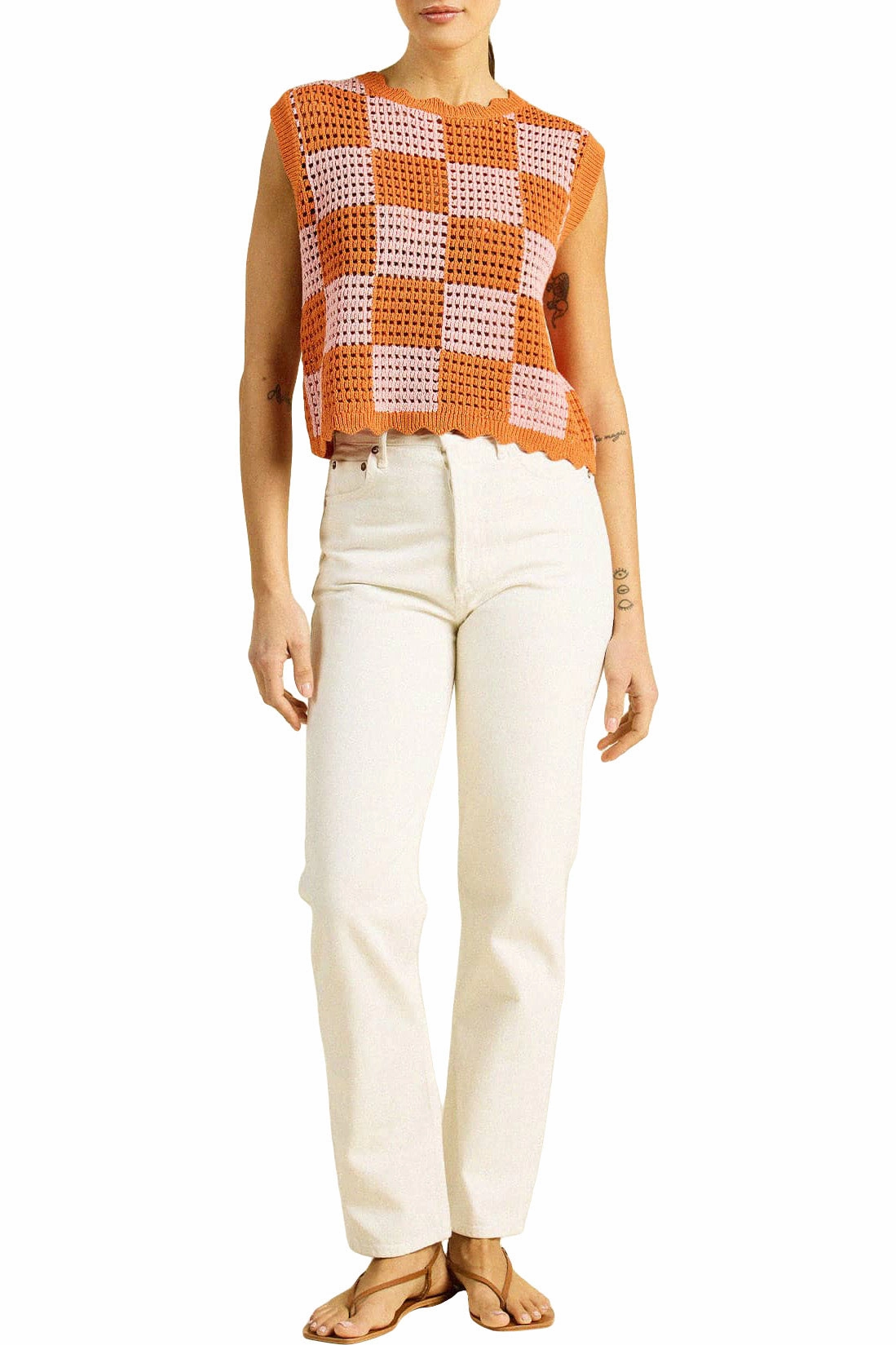 Trovata Birds of Paradise Bree Sweater Tank in Pink - Orange Check Cozy Touch Quick Fit