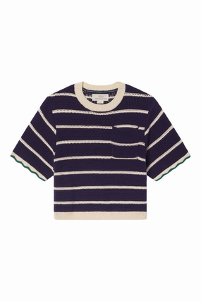 Trovata Birds of Paradise Jules Sweater T-Shirt in Navy - Antique White Stripe Anti Snag Fabric