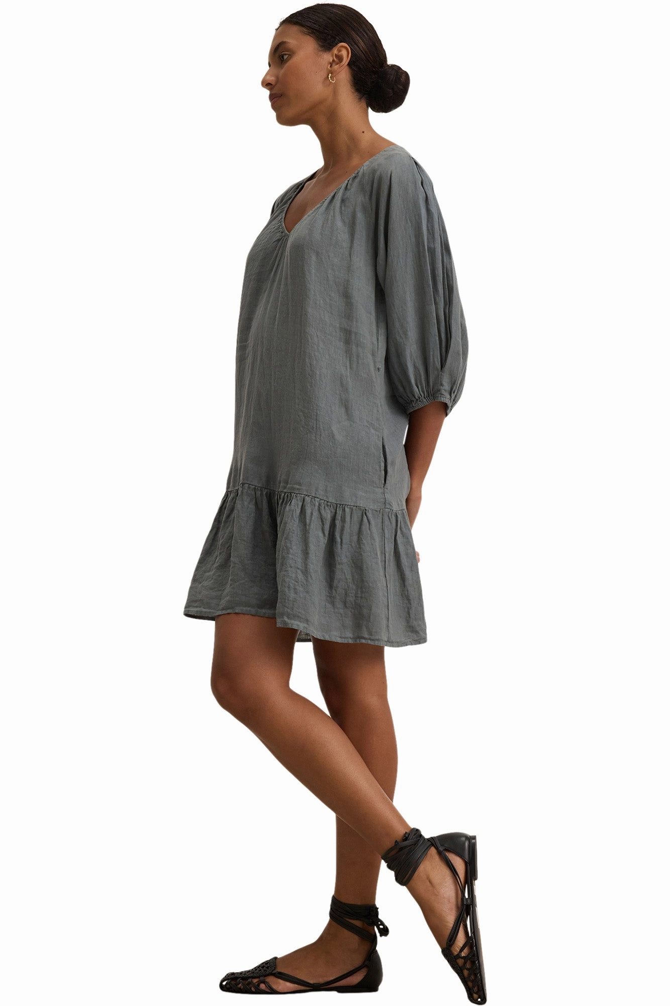 Functional Style Chilly Weather Comfort Velvet Kaylie Woven Linen Dress in Graphite
