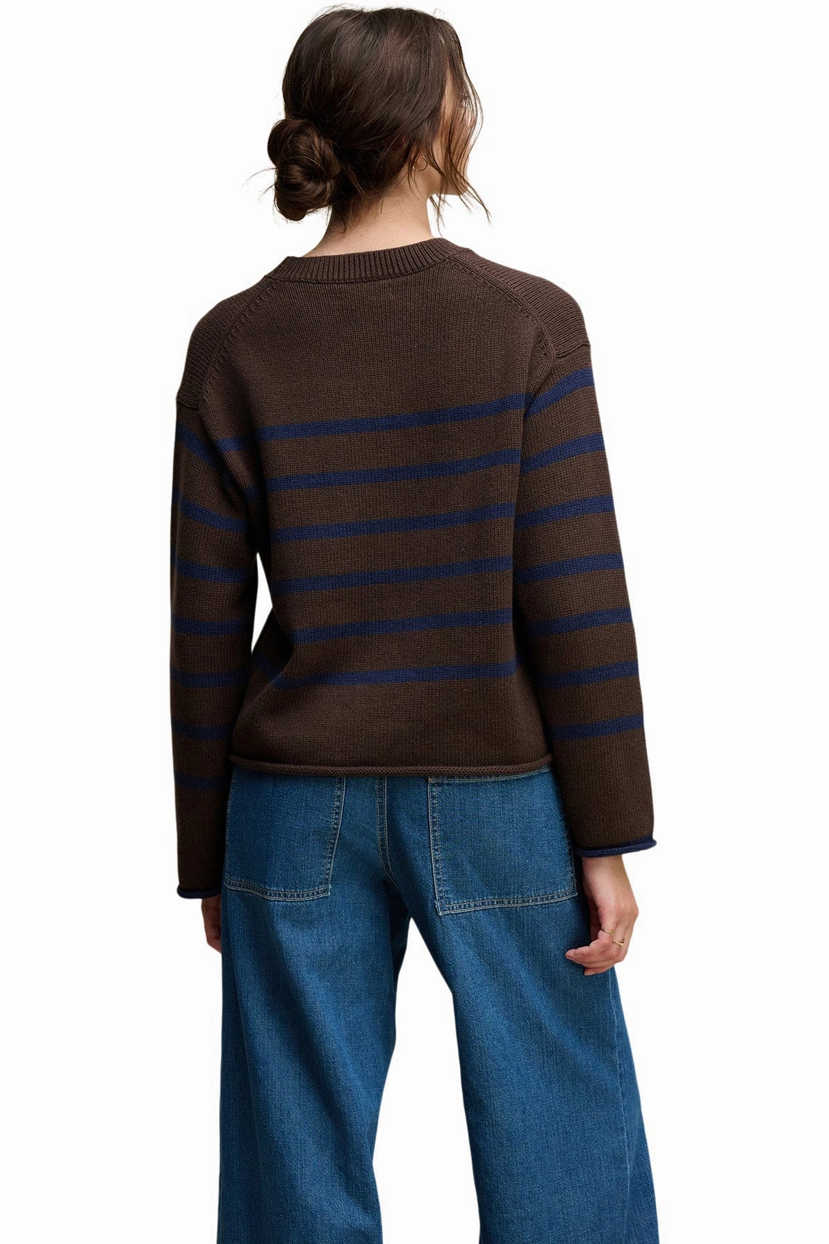 Velvet Lucia Striped Crewneck in Espresso - Marin Breathable Mesh Panels Biodegradable Fiber Option