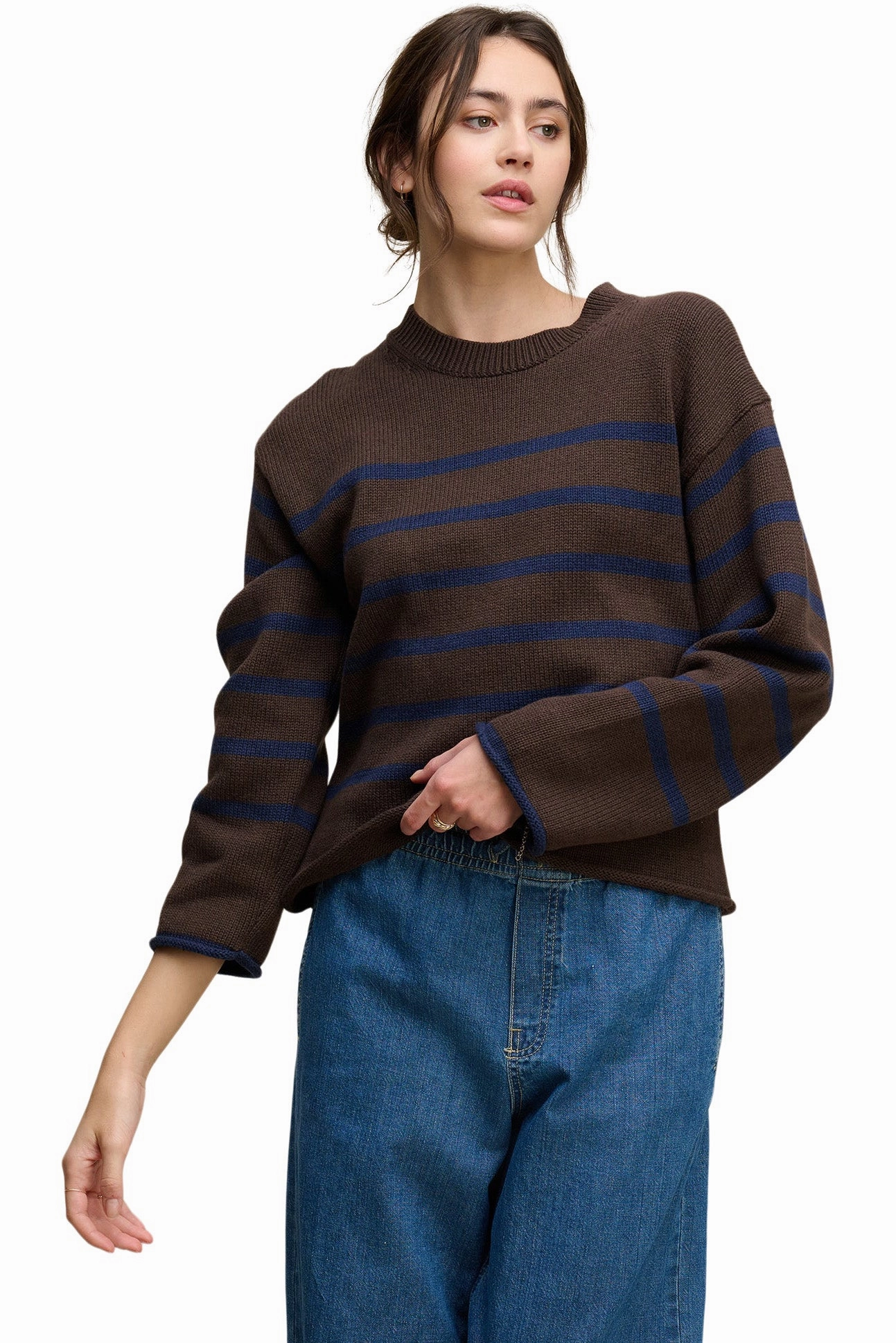 Cozy Waist Velvet Lucia Striped Crewneck in Espresso - Marin