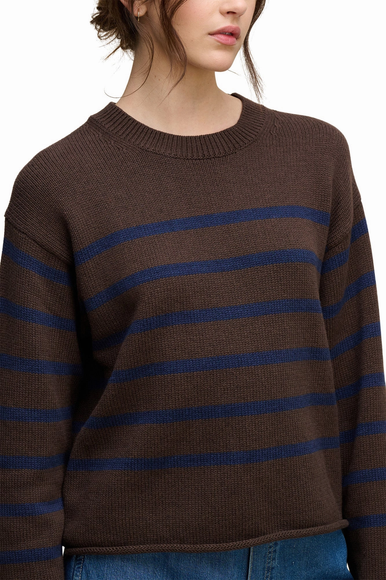 Low Maintenance Care Velvet Lucia Striped Crewneck in Espresso - Marin