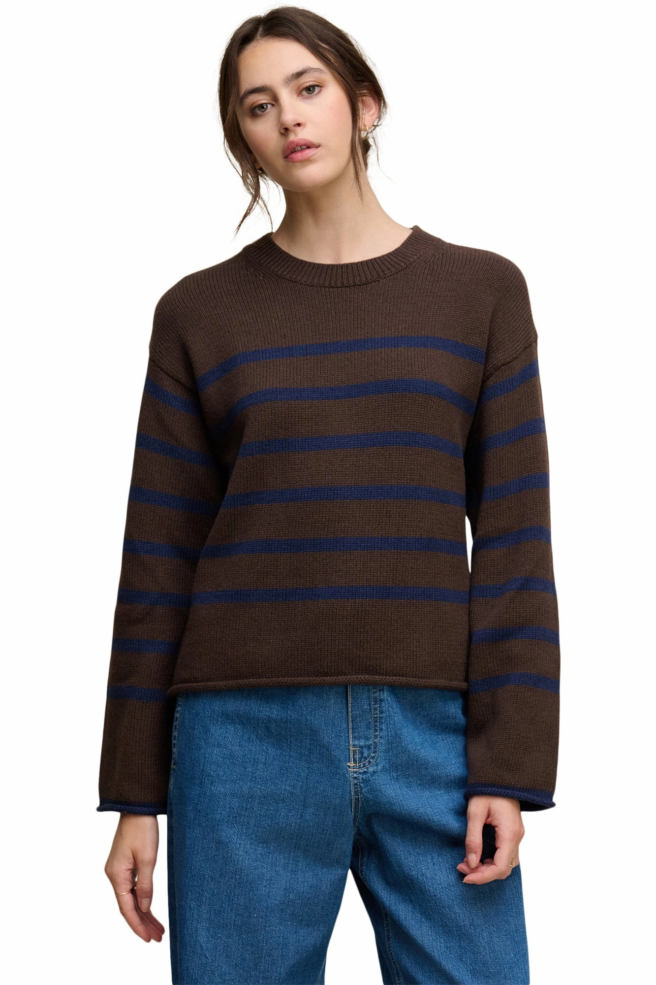 Velvet Lucia Striped Crewneck in Espresso - Marin Casual Performance