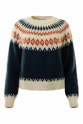 Stretch Knit Autumn Cashmere Chunky Fair Isle Crewneck Sweater in Navy Combo