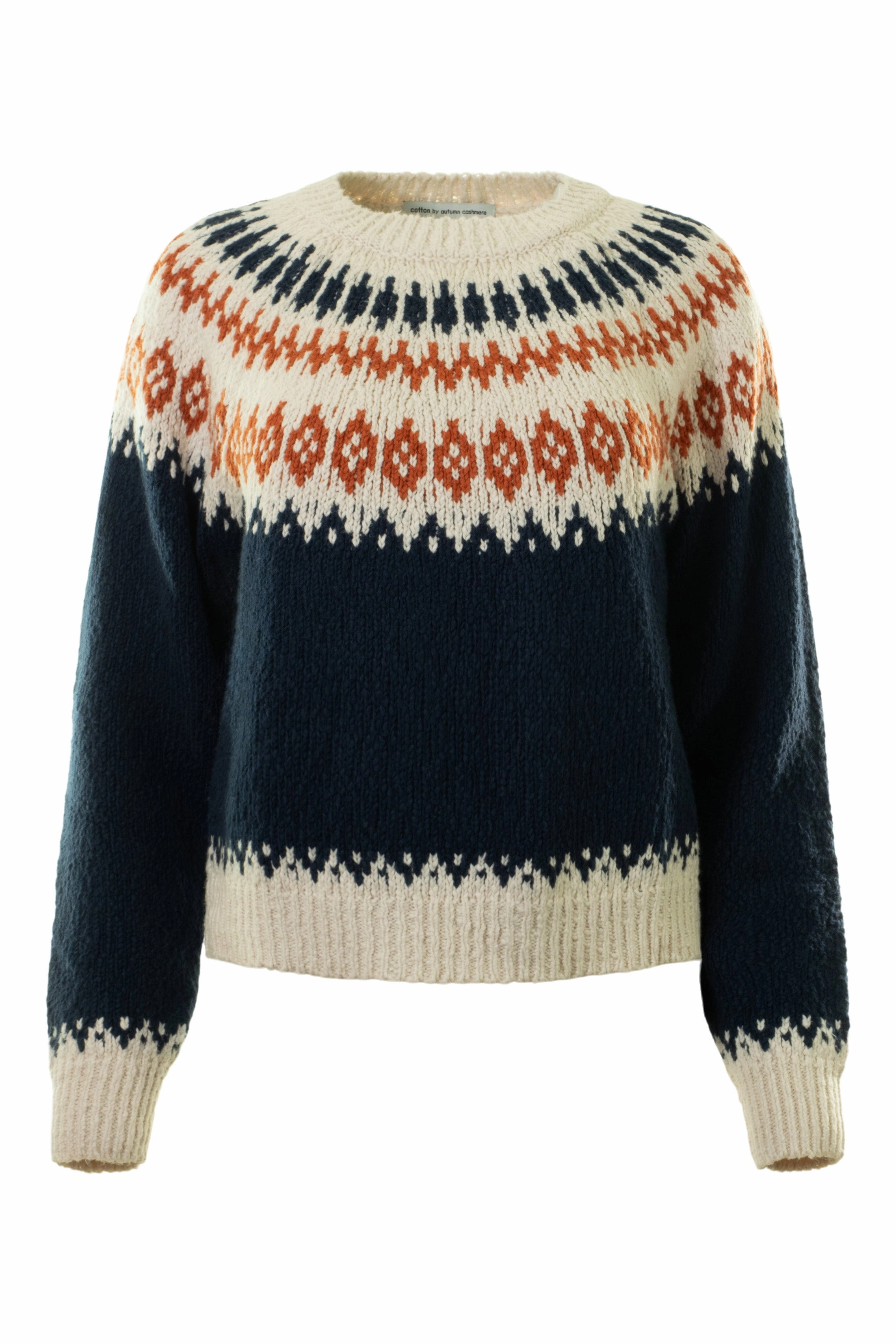 Stretch Knit Autumn Cashmere Chunky Fair Isle Crewneck Sweater in Navy Combo