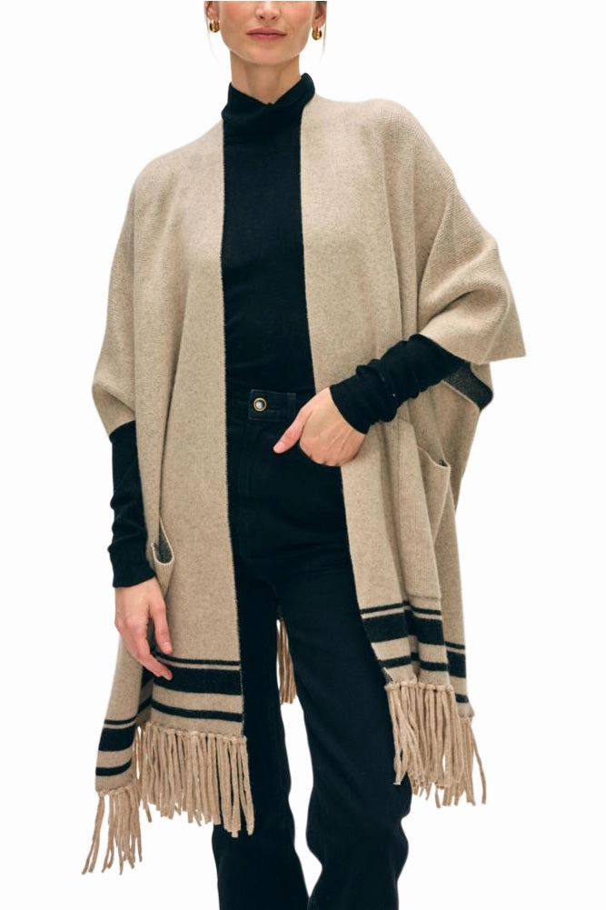 Perfect Comfort Luxe Wear White & Warren Cashmere Blend Fringe Poncho in Sand Black