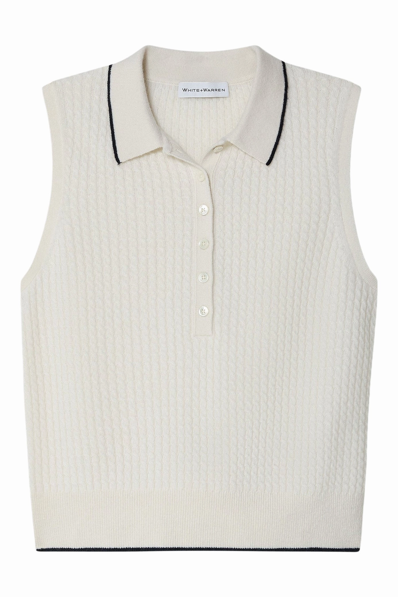 White & Warren Cashmere Cable Sleeveless Polo in Soft White Deep Navy Premium Comfort Relaxed Layers