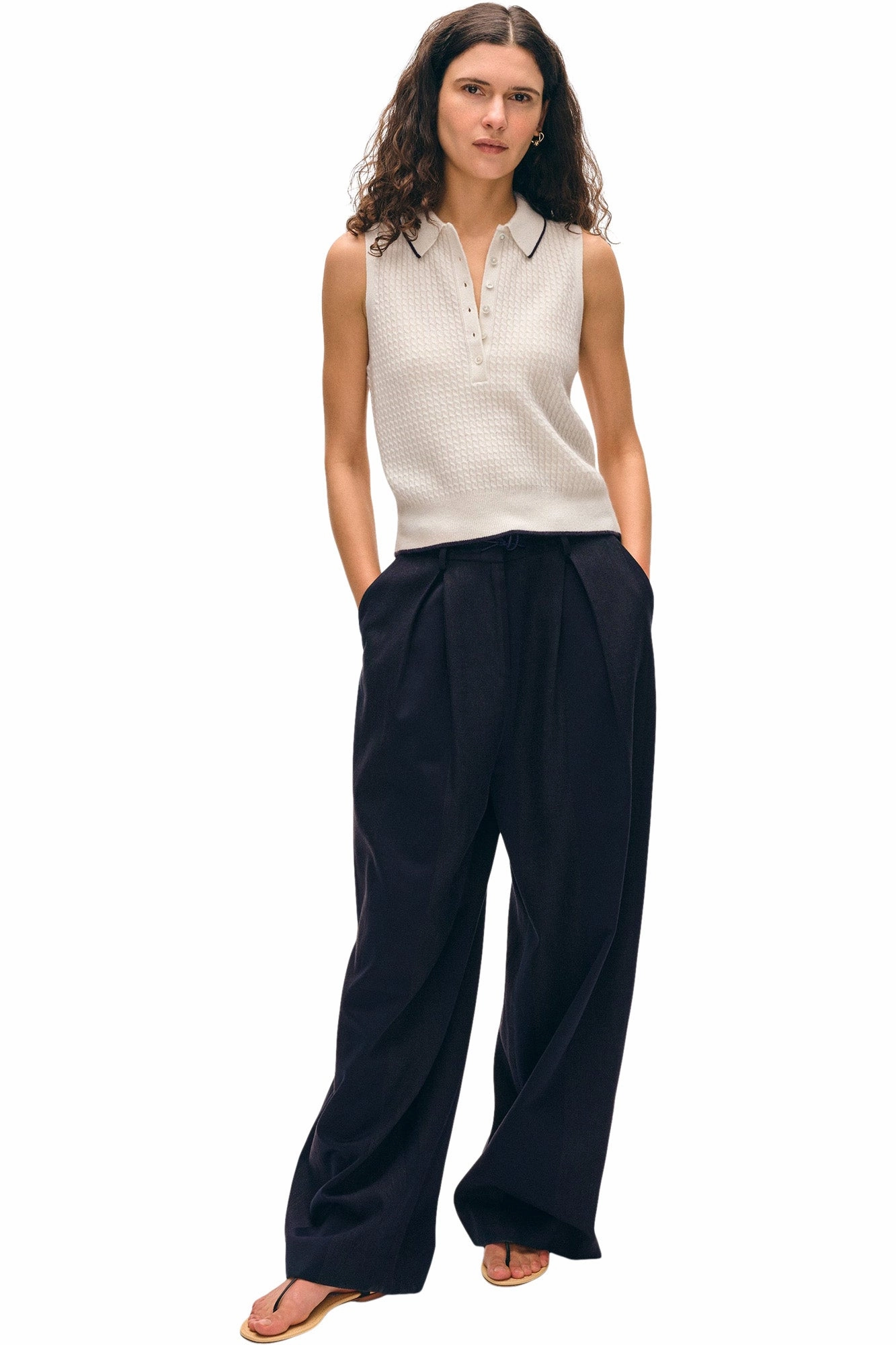 White & Warren Cashmere Cable Sleeveless Polo in Soft White Deep Navy Comfy and Cozy Cozy Everyday