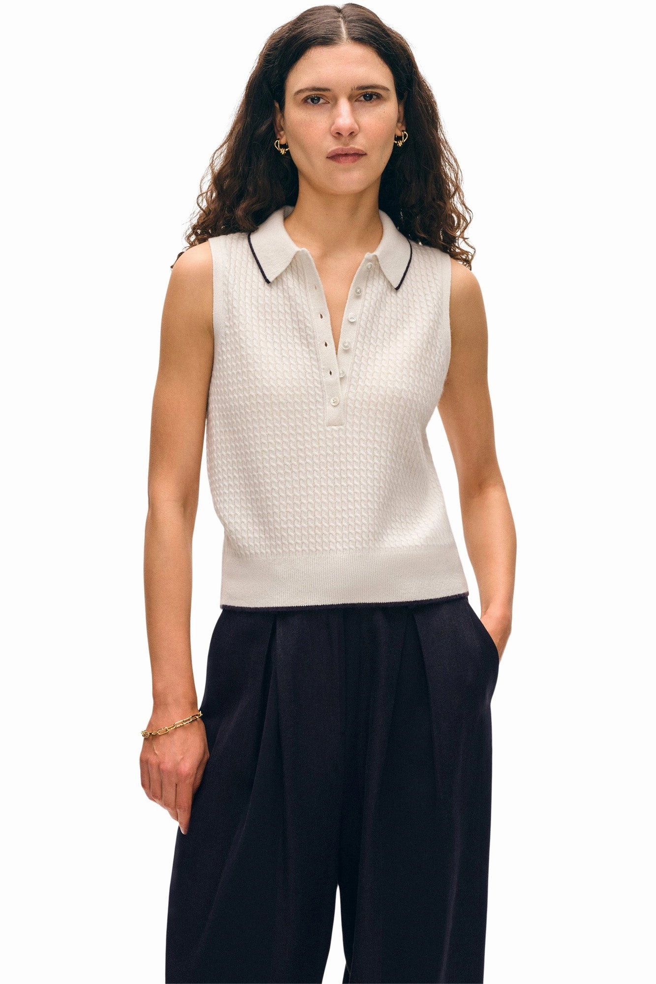 White & Warren Cashmere Cable Sleeveless Polo in Soft White Deep Navy Recycled Material Composition Relaxed Knitwear