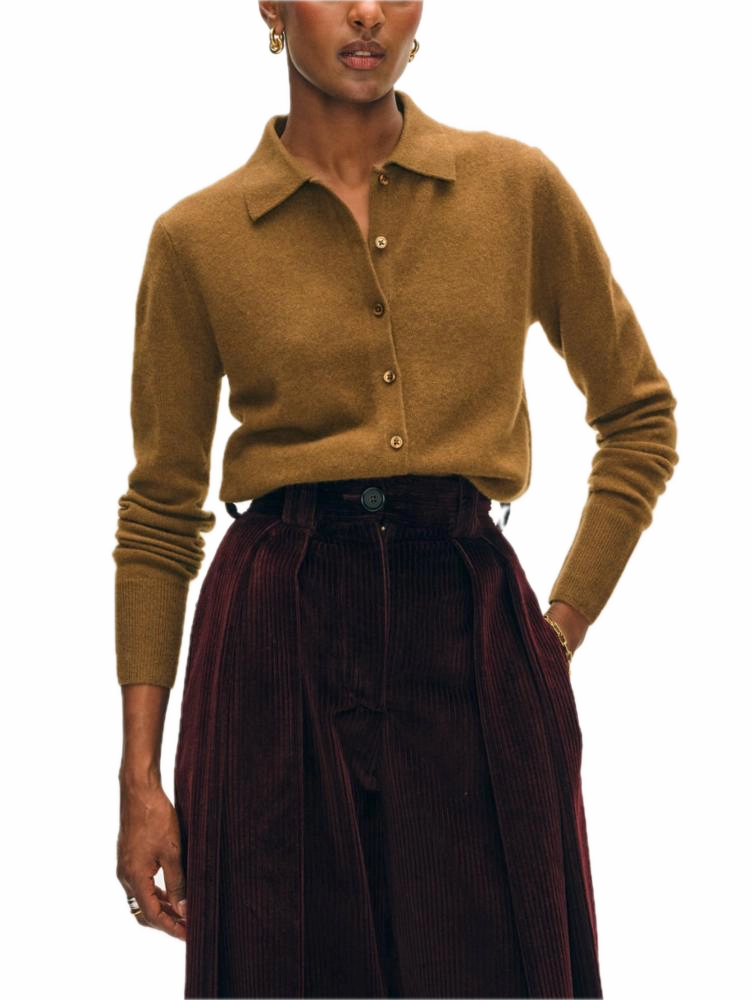 White & Warren Cashmere Collared Cardigan in Golden Brown Classic Winter