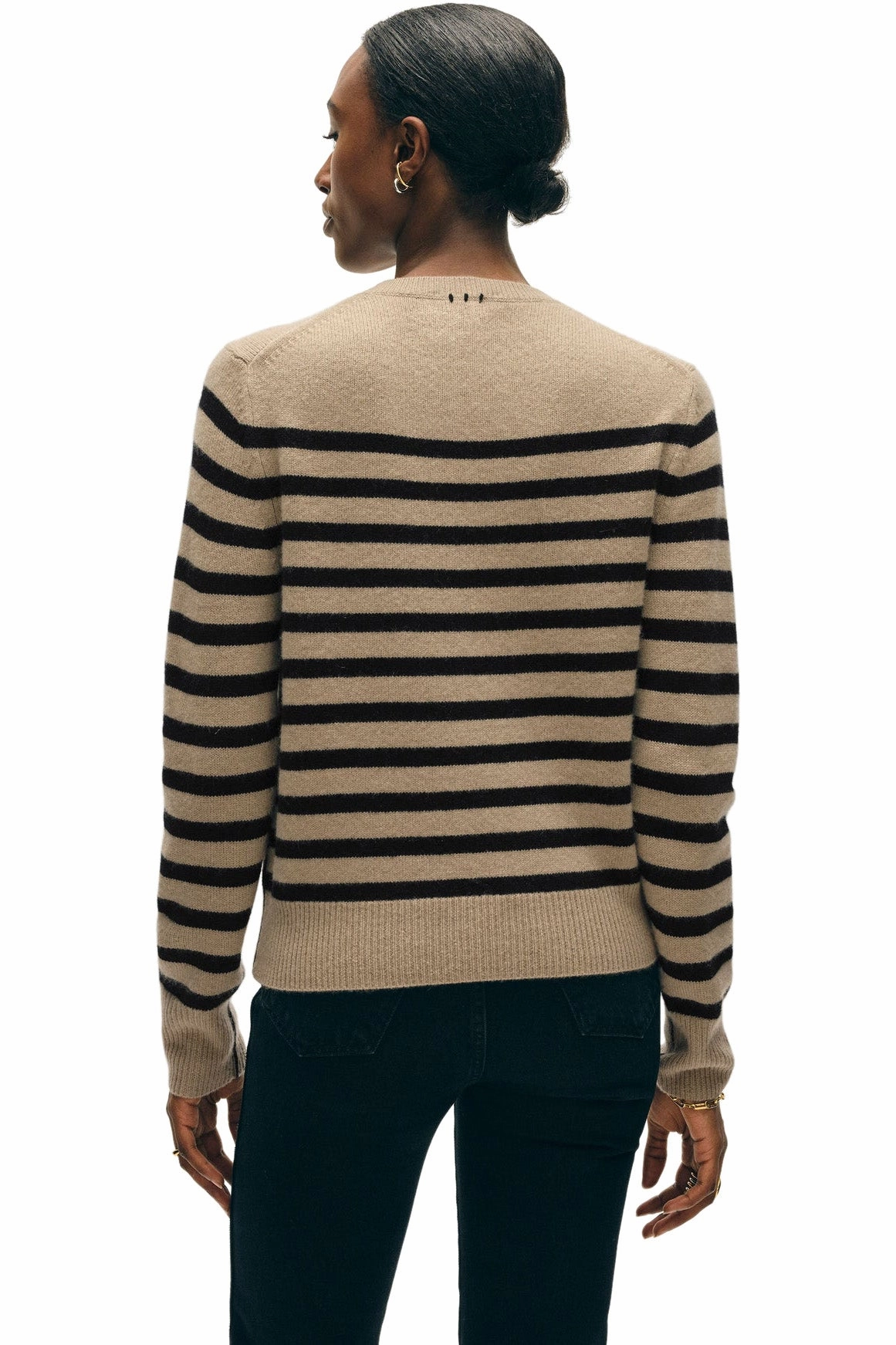 White & Warren Cashmere Striped Crewneck in Khaki - Black Timeless Cozy Soft Knit