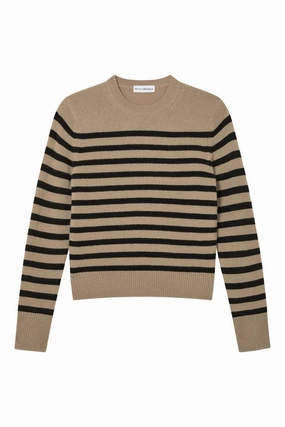White & Warren Cashmere Striped Crewneck in Khaki - Black Knit Fit Performance Layer Wear