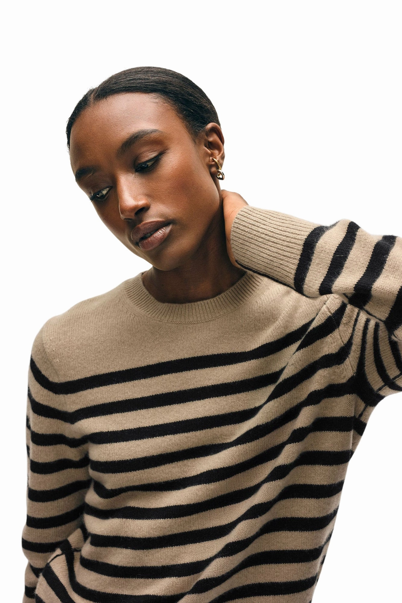 Moisture Wicking Fabric Performance Comfort White & Warren Cashmere Striped Crewneck in Khaki - Black