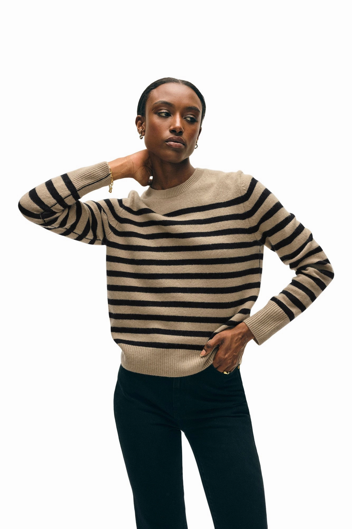 Chilly Wardrobe White & Warren Cashmere Striped Crewneck in Khaki - Black