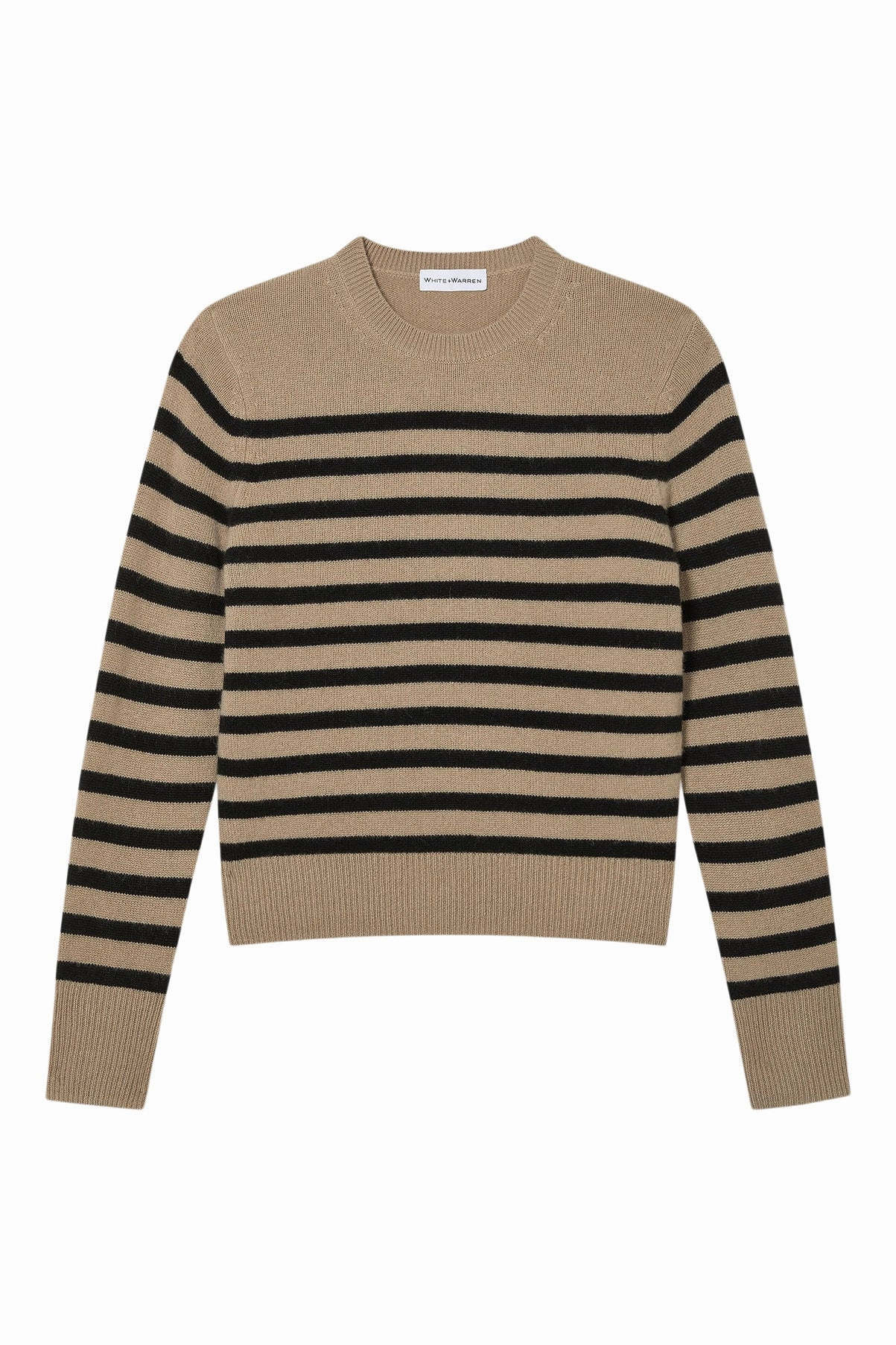 White & Warren Cashmere Striped Crewneck in Khaki - Black Knit Fit Performance Layer Wear