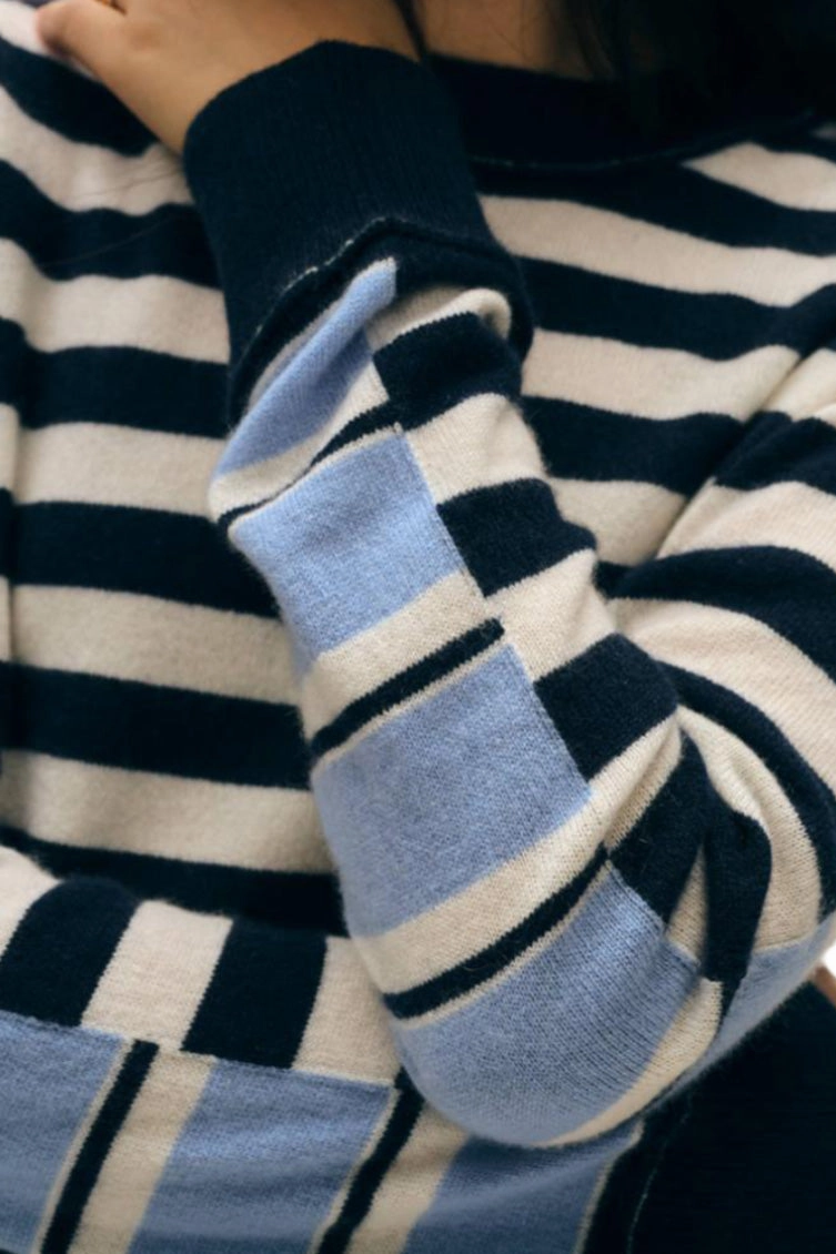 White & Warren Cashmere Striped Sweater in Blue Combo All Season Knit