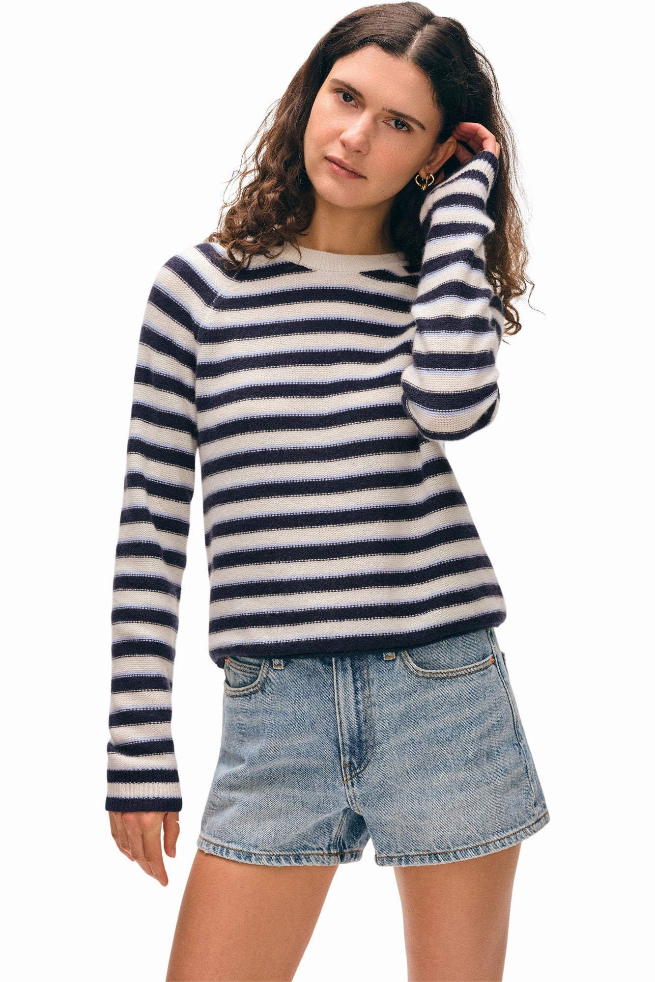 White & Warren Cashmere Striped Sweatshirt in Soft White Combo Sporty Layers Elastic Fit