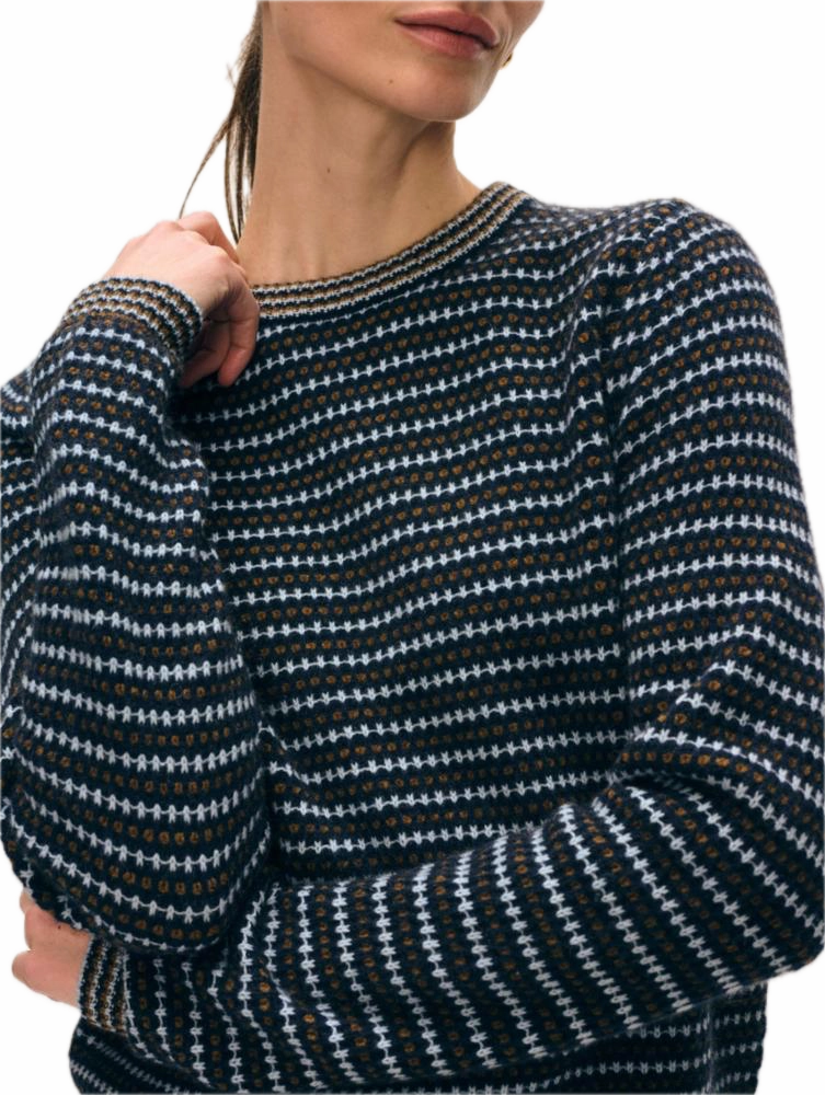 White & Warren Cashmere Textured Stripe Sweater in Blue Combo Fine Gauge Fashion Essential