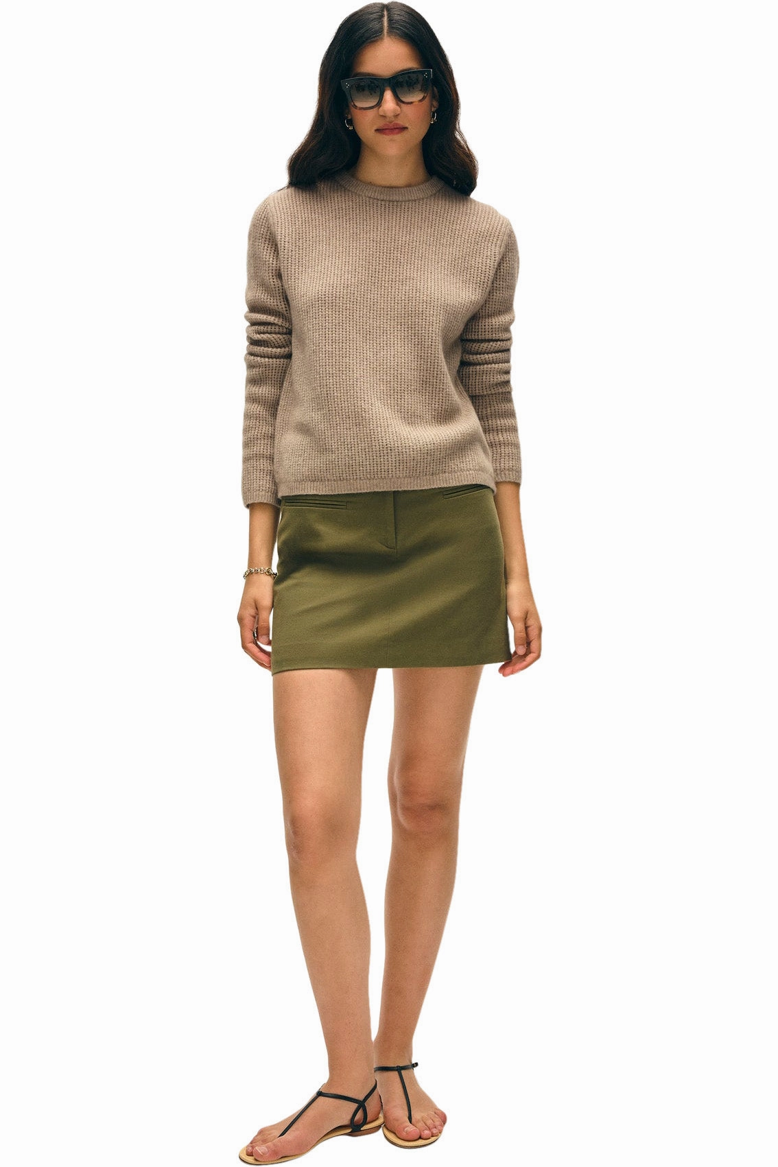 White & Warren Cashmere Waffle Mesh Crewneck in Taupe Heather Breathable Warmth Breathable Textured Fabric