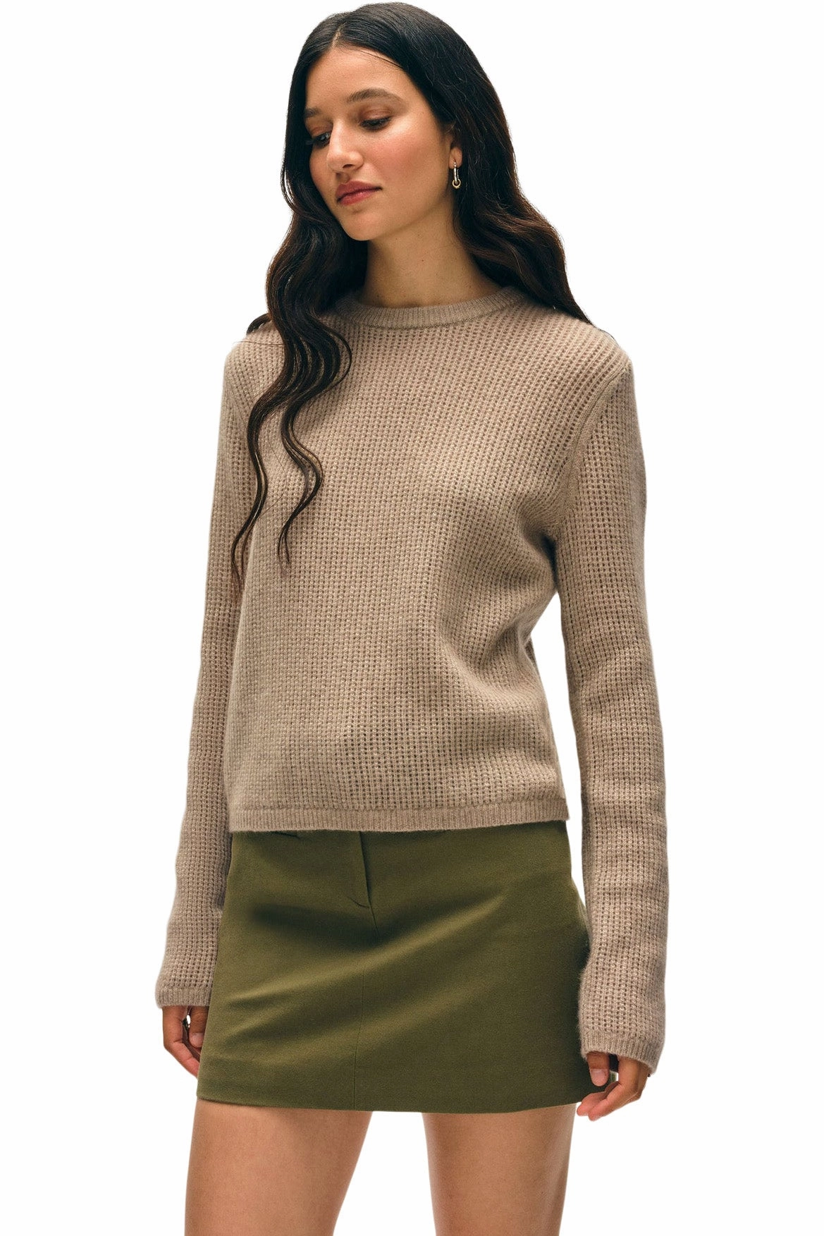 White & Warren Cashmere Waffle Mesh Crewneck in Taupe Heather Perfect Layer