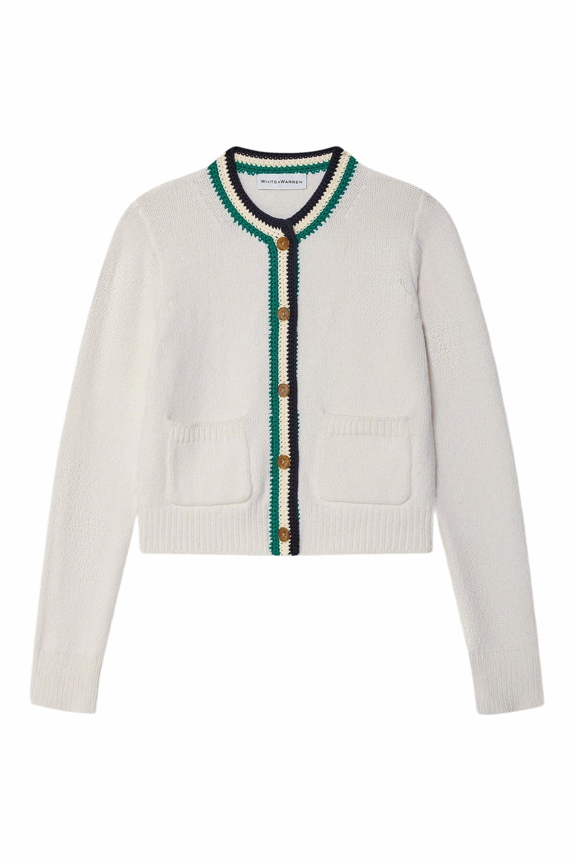 White & Warren Lofty Cotton Crochet Trim Cardigan in Ivory - Navy Teal All Purpose Fit