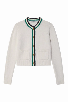 White & Warren Lofty Cotton Crochet Trim Cardigan in Ivory - Navy Teal All Purpose Fit