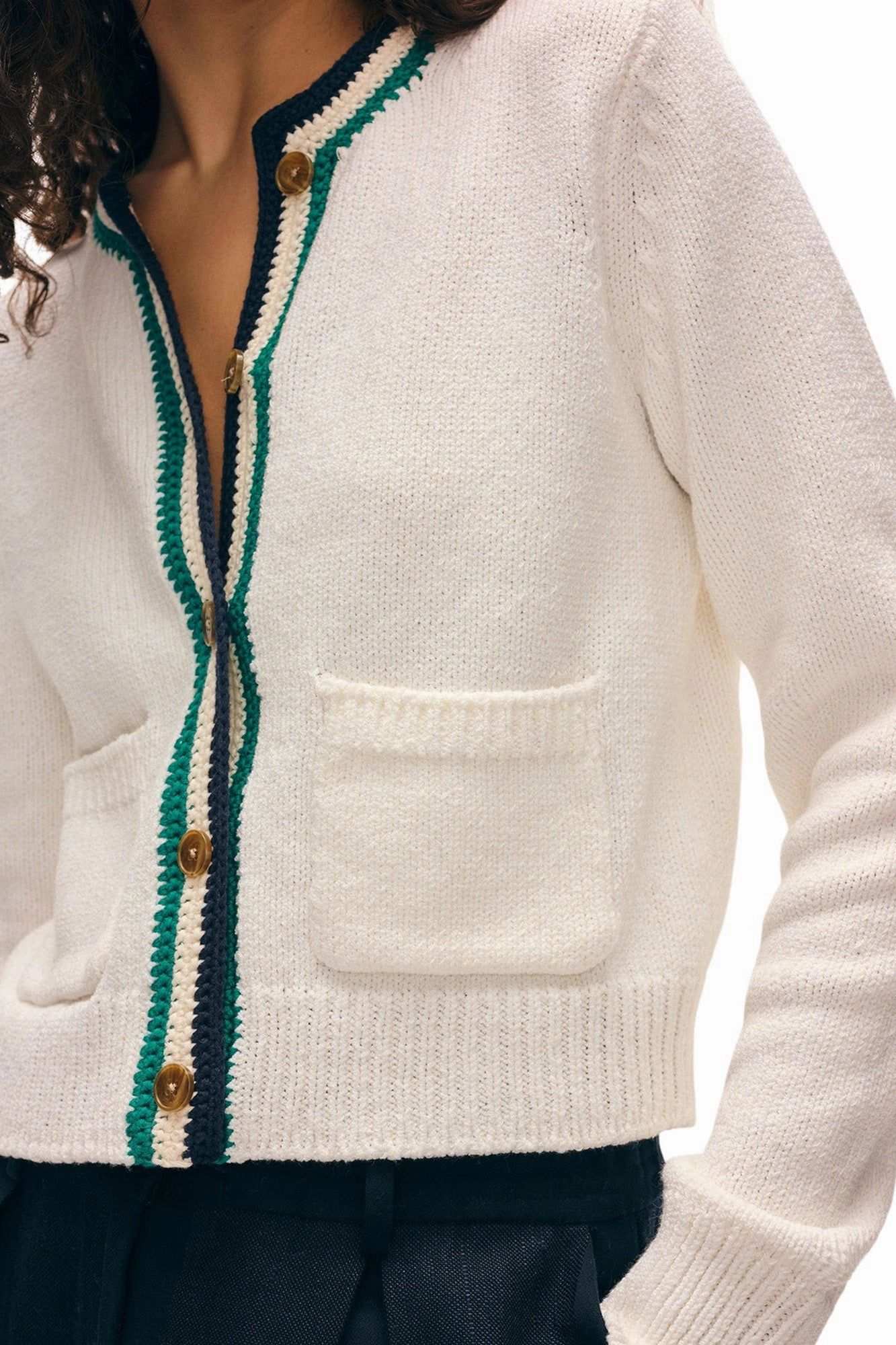 Sport Fit White & Warren Lofty Cotton Crochet Trim Cardigan in Ivory - Navy Teal