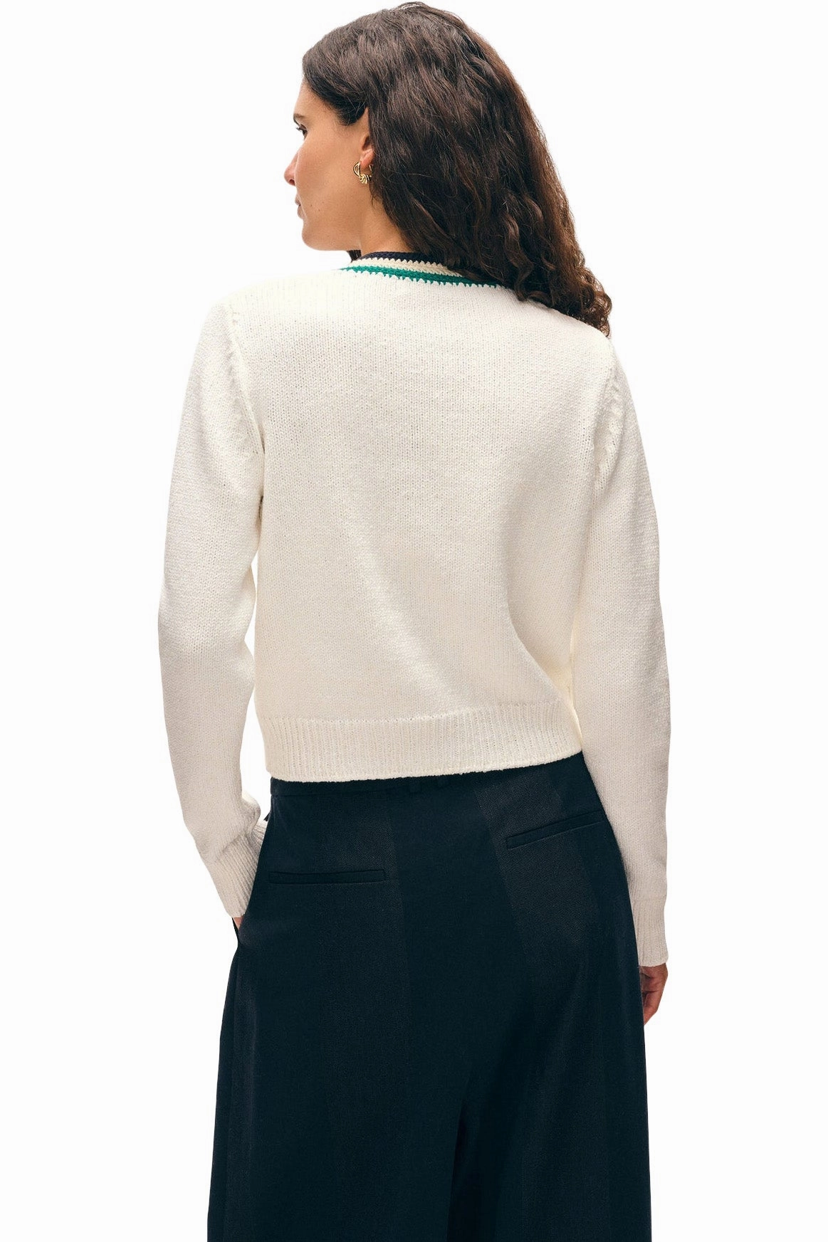 White & Warren Lofty Cotton Crochet Trim Cardigan in Ivory - Navy Teal Soft Knit Wear Simple Warmth