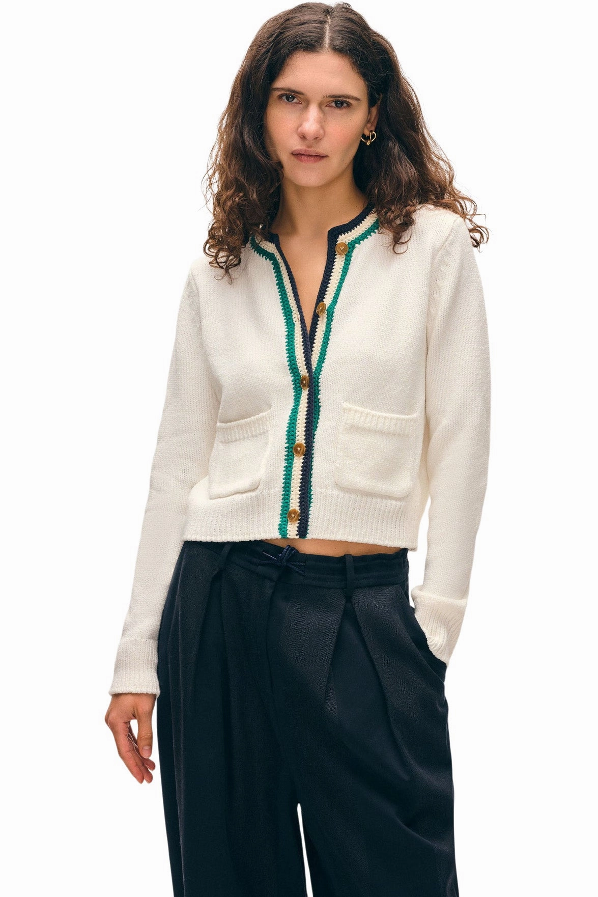 White & Warren Lofty Cotton Crochet Trim Cardigan in Ivory - Navy Teal Everyday Cozy Cozy Stretch Fit