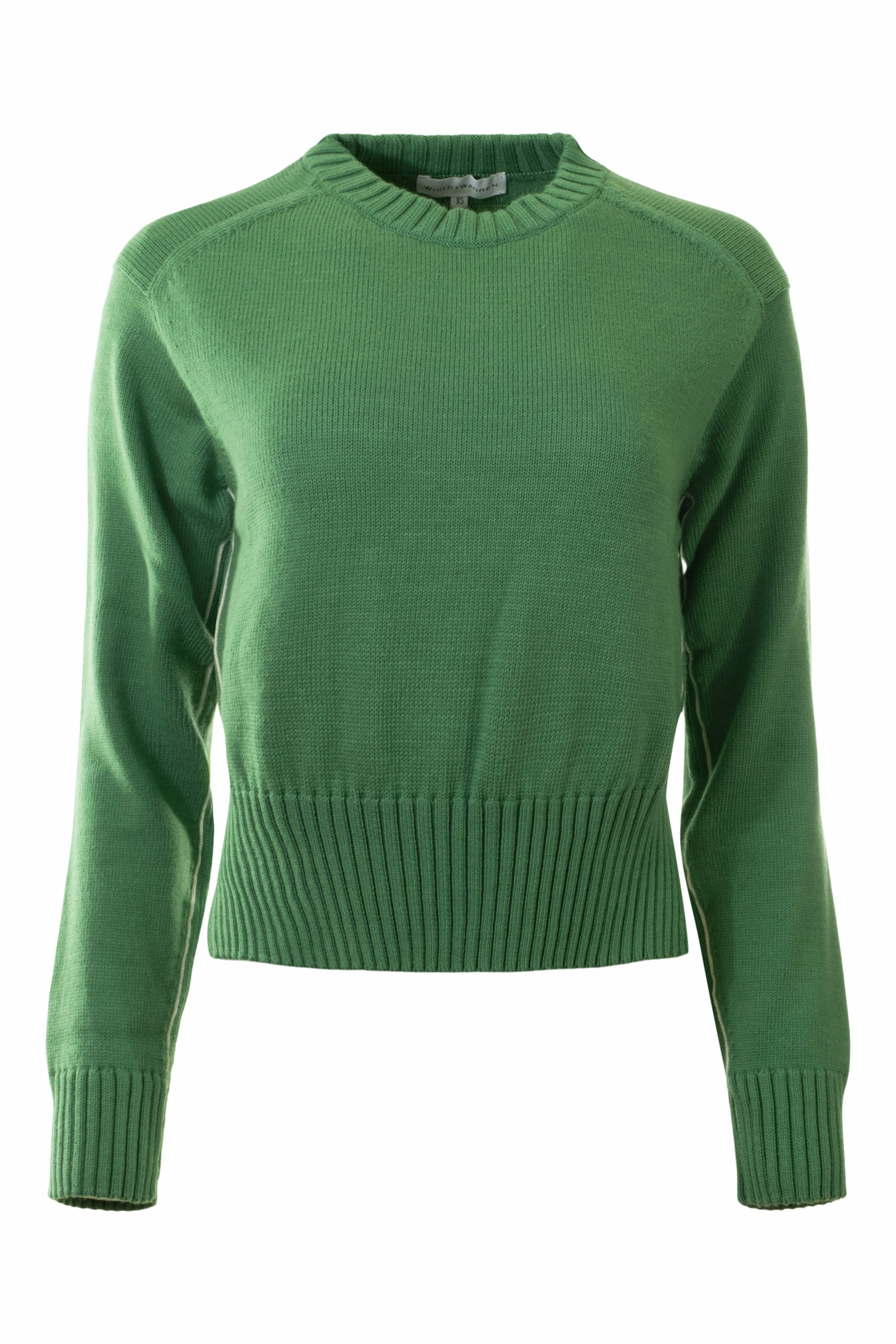 White & Warren Soft Cotton Rib Trim Sweatshirt in Willow Green - Ivory Performance Flex