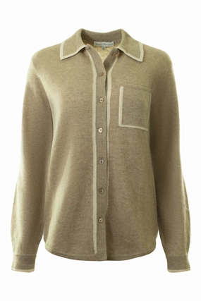 Temperature Regulating Relaxed Neckline White & Warren White Warren Cashmere Tipped Button Shirt in Taupe - Natural