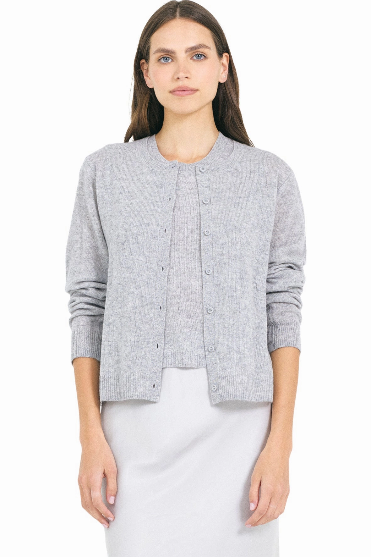One Grey Day Forbes Cashmere Cardigan in Heather Grey Tagless Neck Finish